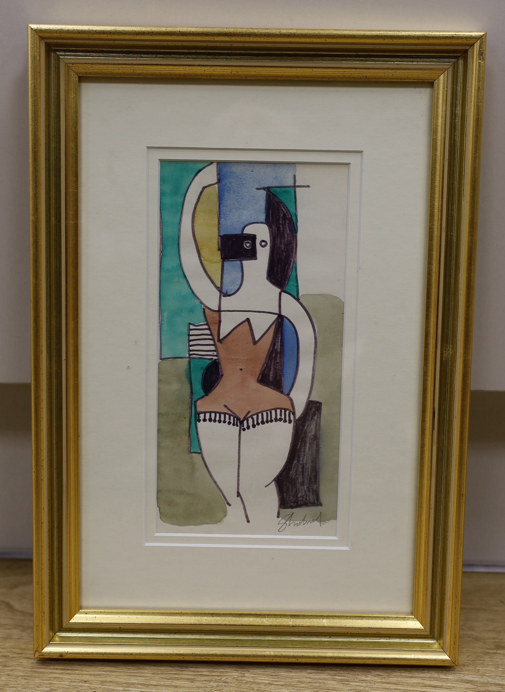Sidney Horne Shepherd (1909-1993), ink and watercolour, abstract Woman in a bathing suit, signed, 22 x 11cm